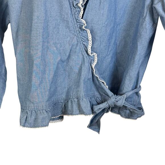 LAUREN JEANS CO Ralph Lauren Chambray Ruffle Wrap Top Blouse Womens Sz 12 Petite - Picture 4 of 15